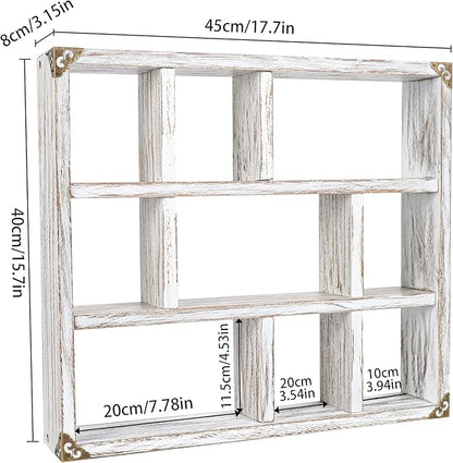 17.7x15.7-Inch Shadow Box Shelf 9-Slot Rustic Floating Shelves Larger Wall Mounted Shelf Lightweight Solid Wood Display Shelf Freestanding Farmhouse(9C-Rustic White)