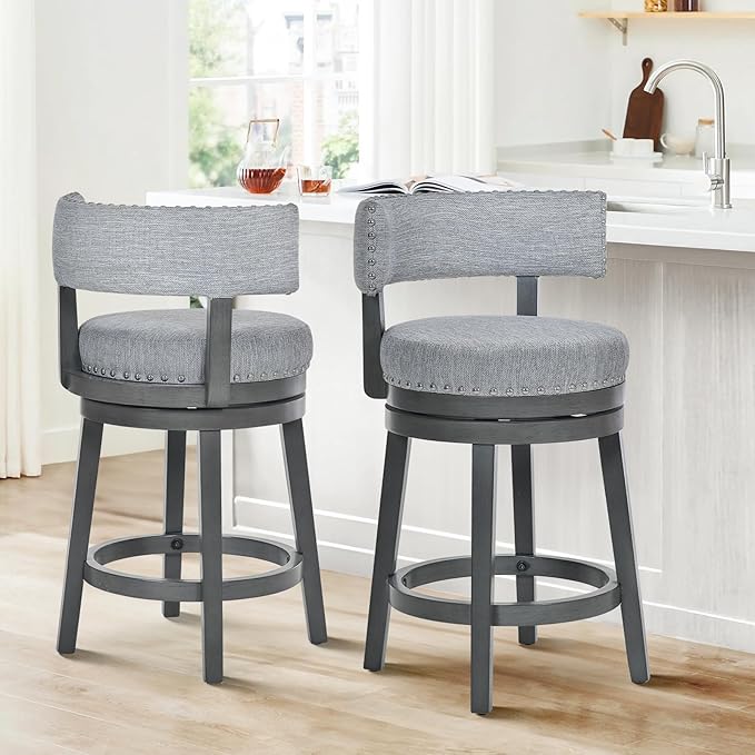 COLAMY Swivel Counter Height Bar Stools Set of 2, 25 Inch Modern Upholstered Kitchen Island Barstools with Back, Wood Swivel Bar Chairs for Counter Bar Dining Room, Grey