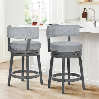 COLAMY Swivel Counter Height Bar Stools Set of 2, 25 Inch Modern Upholstered Kitchen Island Barstools with Back, Wood Swivel Bar Chairs for Counter Bar Dining Room, Grey