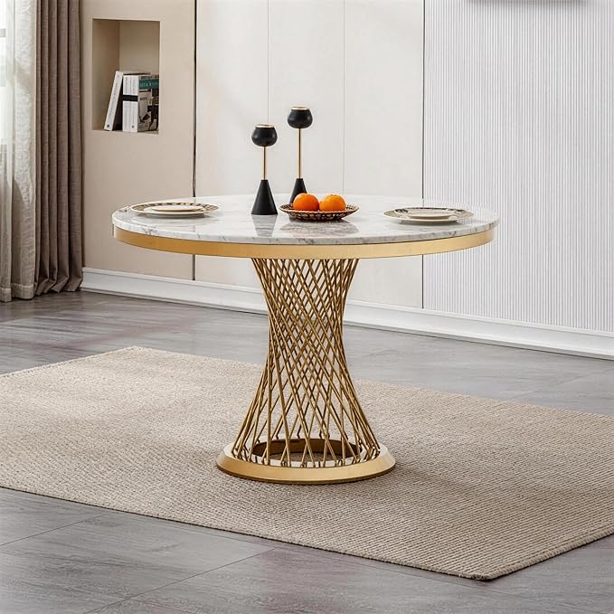 47" Round Dining Table for 4-6 People, Modern Faux Marble Kitchen Table with Gold Mirrored Stainless Steel Pedestal Base, Luxury White Stone Tabletop Dinner Table for Dining Room (Table Only)