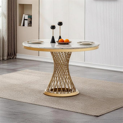 47" Round Dining Table for 4-6 People, Modern Faux Marble Kitchen Table with Gold Mirrored Stainless Steel Pedestal Base, Luxury White Stone Tabletop Dinner Table for Dining Room (Table Only)