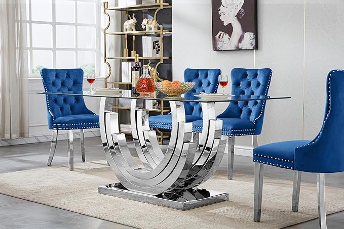 70" Glass Dining Table for 6-8, Modern Dining Room Table with 0.39" Tempered Glass Top and Three U-Shaped Silver Stainless Steel Base, Rectangle Kitchen Dinner Table for Dining Room