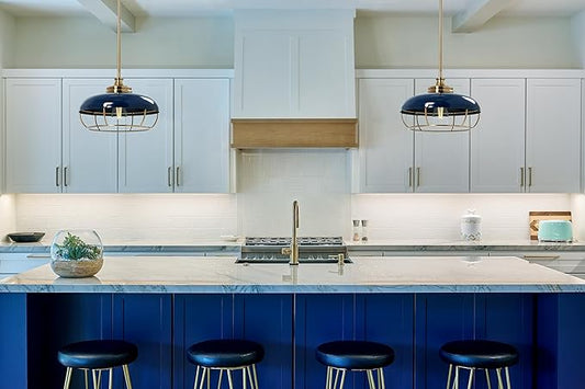 Presley - Caged Dome Metal Ceiling Light, Brushed Brass and Navy Blue