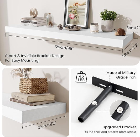 Fun Memories 48 Inch Floating Shelves for Wall - 12 Inch Deep Fireplace Mantel Shelf - Wood Floating Shelf for Wall - Large Storage Shelves Wall Mount for Living Room & Bedroom - White - Set of 2