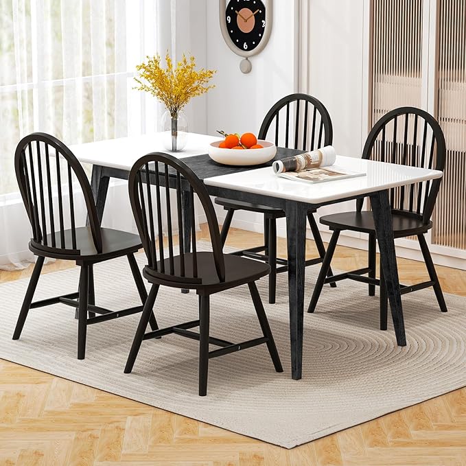 HAPPYGRILL 2 Pieces Wooden Dining Chairs Set, Vintage Armless Windsor Chairs, Kitchen Dining Chairs with Backrest, Black