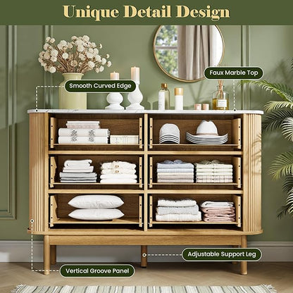 Pamapic Fluted Sideboard Buffet Cabinet, 47" Storage Cabinet with Curved Profile Design & Faux Marble Top, Modern Credenza with 6 Drawers, Wood Buffet Console Table for Living Room, Hallway, Natural
