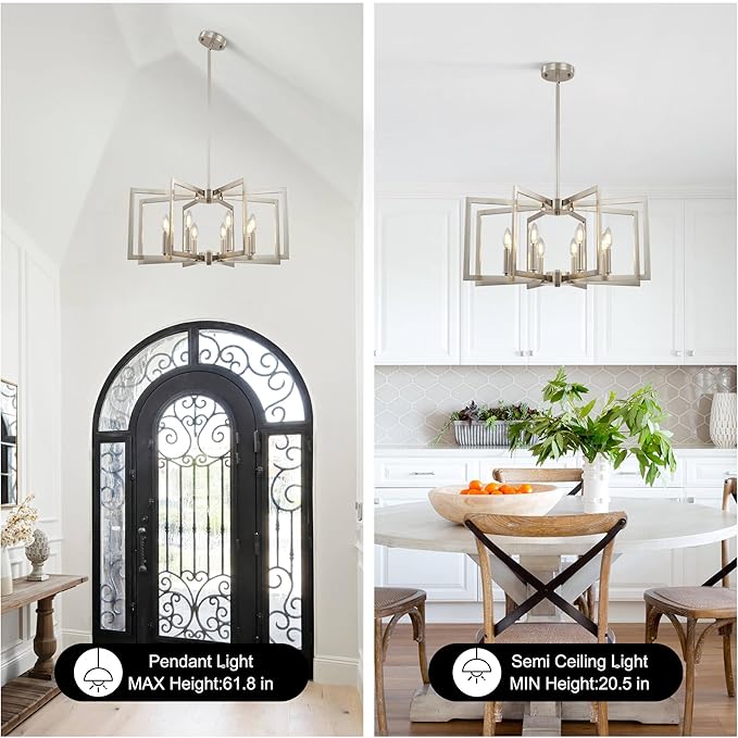 Sigaitwei 8-Light Large Brushed Nickel Chandeliers for Dining Room，Modern Industrial Pendant Lights Kitchen Island，Farmhouse Entryway Light Fixtures，Metal Geometric Chandelier for Living Room