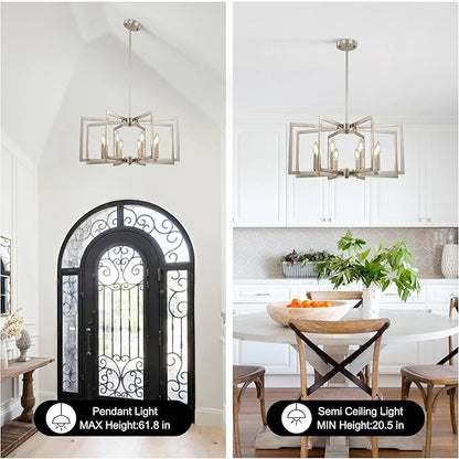 Sigaitwei 8-Light Large Brushed Nickel Chandeliers for Dining Room，Modern Industrial Pendant Lights Kitchen Island，Farmhouse Entryway Light Fixtures，Metal Geometric Chandelier for Living Room