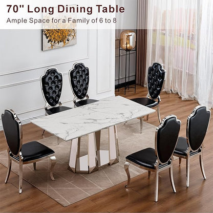 70" Marble Dining Table for 6-8, Modern Luxury Silver Rectangular Large Kitchen Table, Marble Grain MDF Tabletop & Stainless Steel Base, Dinner Furniture for Kitchen Dining Room, Meeting Room, White