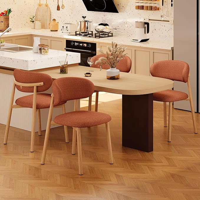 Kitchen Dining Chairs Set of 2 Modern Soft Linen Farmhouse Dining Room Chair with Metal Legs, Orange/Original