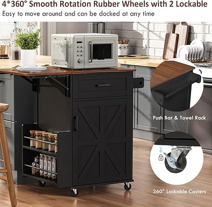 39.3" Farmhouse Kitchen Island with Drop Leaf and Open Side Rack, Small Kitchen Rolling Cart with Drawer and Storage Cabinet, Mobile Dining Table with Lockable Wheels and Towel Rack for Garden Black