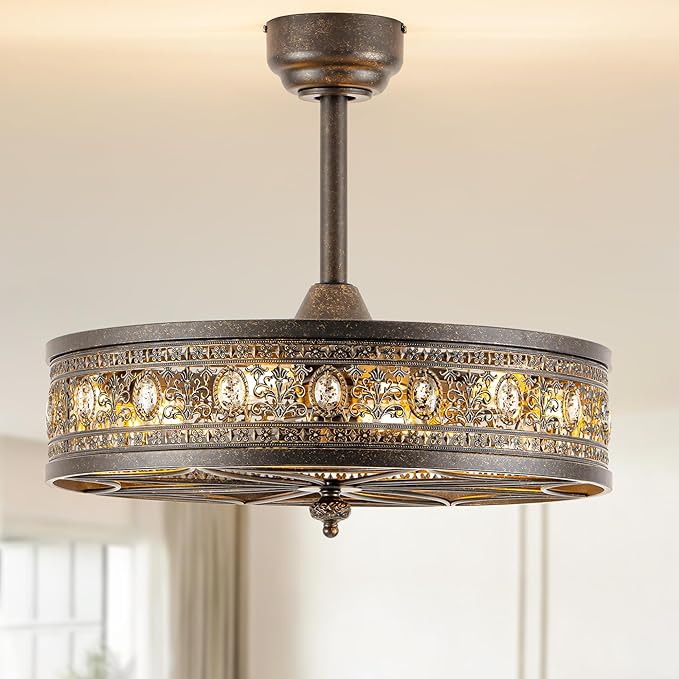 Vintage Chandelier Ceiling Fan with Light,Caged Bladeless Enclosed Fandelier,Antique Bronze Victorian Baroque Elegant Crystal Light Fixture,Hanging/Flush Mount for Bedroom,Dining Room,Living Room
