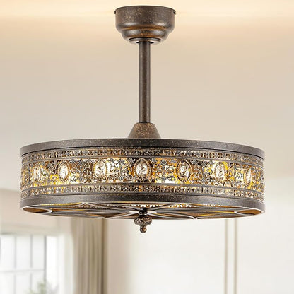 Vintage Chandelier Ceiling Fan with Light,Caged Bladeless Enclosed Fandelier,Antique Bronze Victorian Baroque Elegant Crystal Light Fixture,Hanging/Flush Mount for Bedroom,Dining Room,Living Room