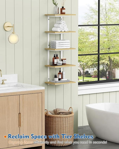 Harwaya White and Natural Tiered Wall Shelf Unit, 5 Tier Display Floating Shelves, Deep Hanging Wall Shelving Unit for Living Room Plants TV, Bedroom Books, Office Décor (White and Natural Wood)