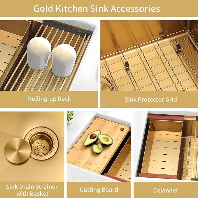 33 Inch Gold Undermount Kitchen Sink, NANO-PVD 304 Stainless Steel Sinks 16 Gauge Single Bowl Ledge Workstation With Accessories, 33"x19"x9" Inch Large and Deep Basin