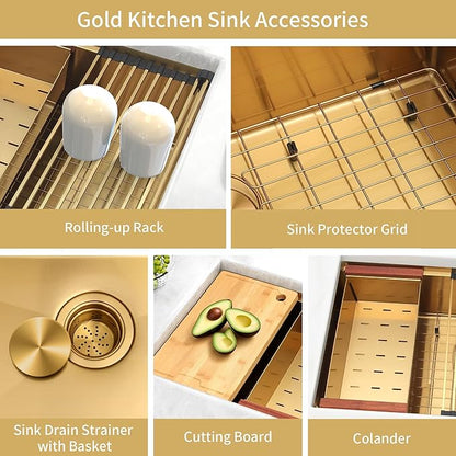 33 Inch Gold Undermount Kitchen Sink, NANO-PVD 304 Stainless Steel Sinks 16 Gauge Single Bowl Ledge Workstation With Accessories, 33"x19"x9" Inch Large and Deep Basin