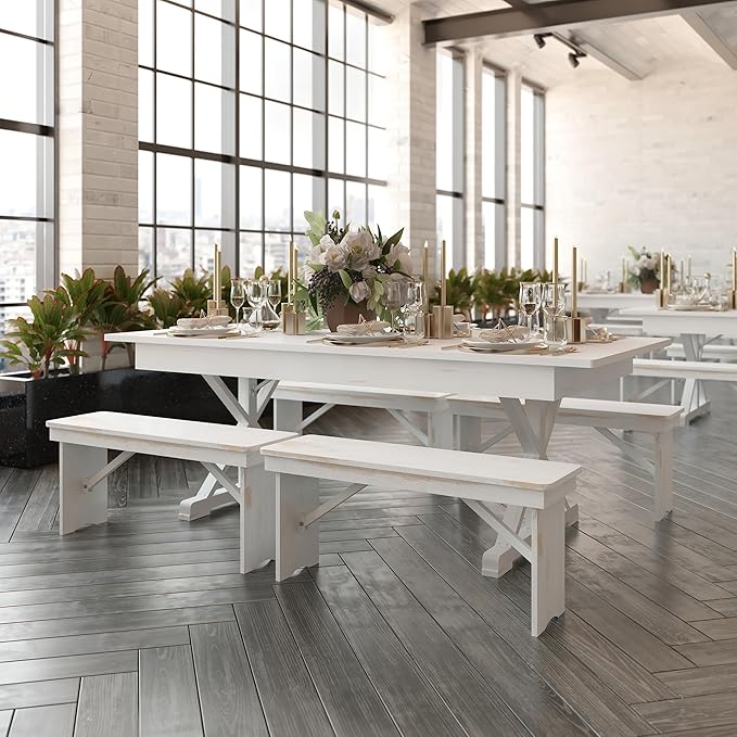 Flash Furniture Hercules Folding Farmhouse Dining Room Table with X Legs, Commercial Grade Rectangular Solid Pine Farm Table for 8, 7' x 40", Antique Rustic White