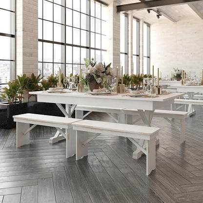 Flash Furniture Hercules Folding Farmhouse Dining Room Table with X Legs, Commercial Grade Rectangular Solid Pine Farm Table for 8, 7' x 40", Antique Rustic White