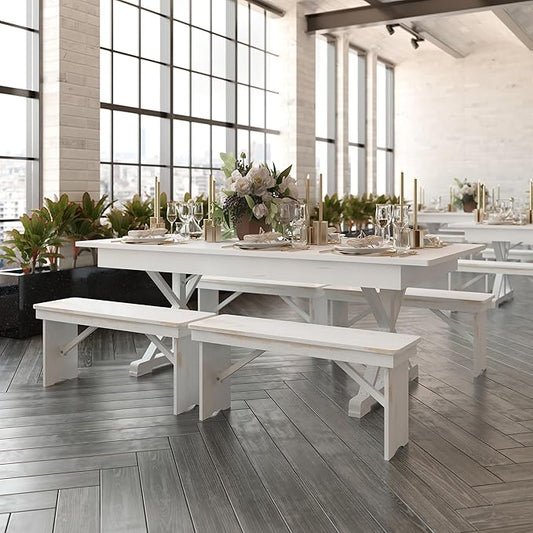 Flash Furniture Hercules Folding Farmhouse Dining Room Table with X Legs, Commercial Grade Rectangular Solid Pine Farm Table for 8, 7' x 40", Antique Rustic White