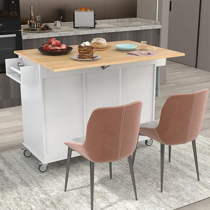 GOWE Rolling Mobile Kitchen Island with Solid Wood Top and Locking Wheels,52.7 Inch Width,Storage Cabinet and Drop Leaf Breakfast Bar,Spice Rack, Towel Rack & Drawer (White)