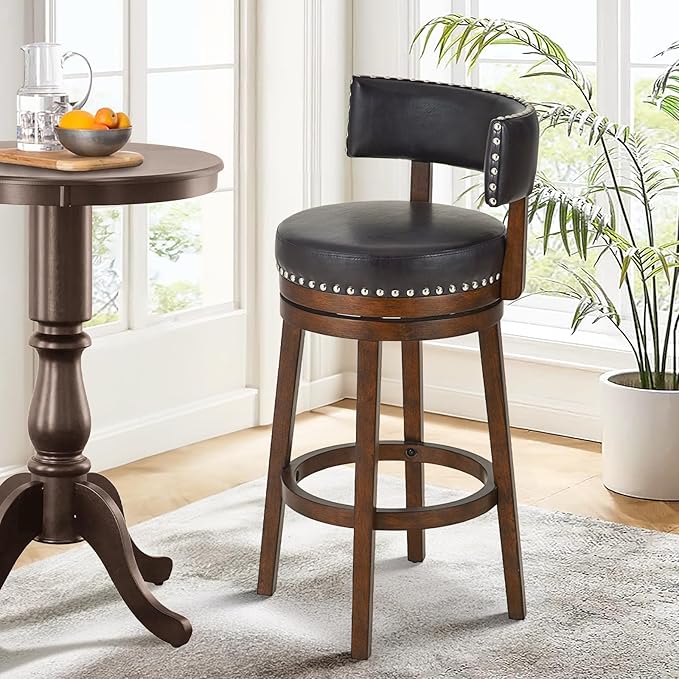 COLAMY Swivel Bar Stool, 30 Inch Counter Height Bar Stool, Wood Modern Upholstered Wooden Barstool with Back for Kitchen Island Dining Room Bar, Dark Brown