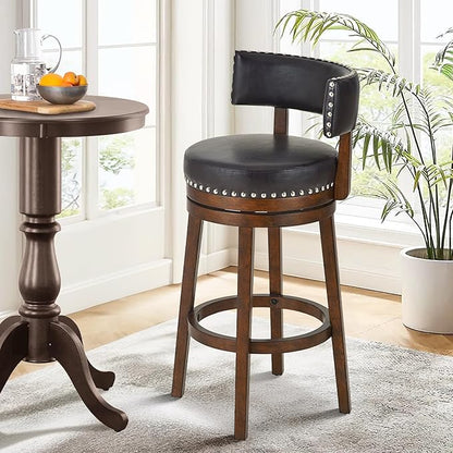 COLAMY Swivel Bar Stool, 30 Inch Counter Height Bar Stool, Wood Modern Upholstered Wooden Barstool with Back for Kitchen Island Dining Room Bar, Dark Brown