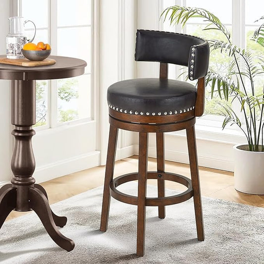 COLAMY Swivel Bar Stool, 30 Inch Counter Height Bar Stool, Wood Modern Upholstered Wooden Barstool with Back for Kitchen Island Dining Room Bar, Dark Brown