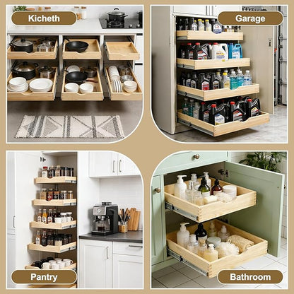 20" Pull Out Cabinet Drawer (Fits 21" Cabinet Opening), Wood Slide Out Cabinet Shelf Organizer with Ball Bearing Slides, Clear Lacquer Finish, Heavy Duty Kitchen Cabinet Pull Out Shelves