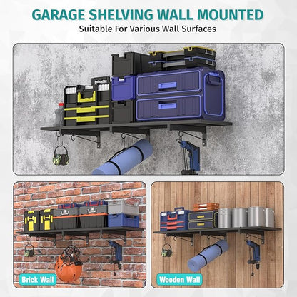 Garage Wall Shelving, 46'' x 12.6'' Garage Shelf Wall Mounted, Heavy Duty Storage Shelves 180 LBS Capacity, Floating Storage Rack with 4 Hooks, Black Metal Shelf Organizer for Basement, Workshop