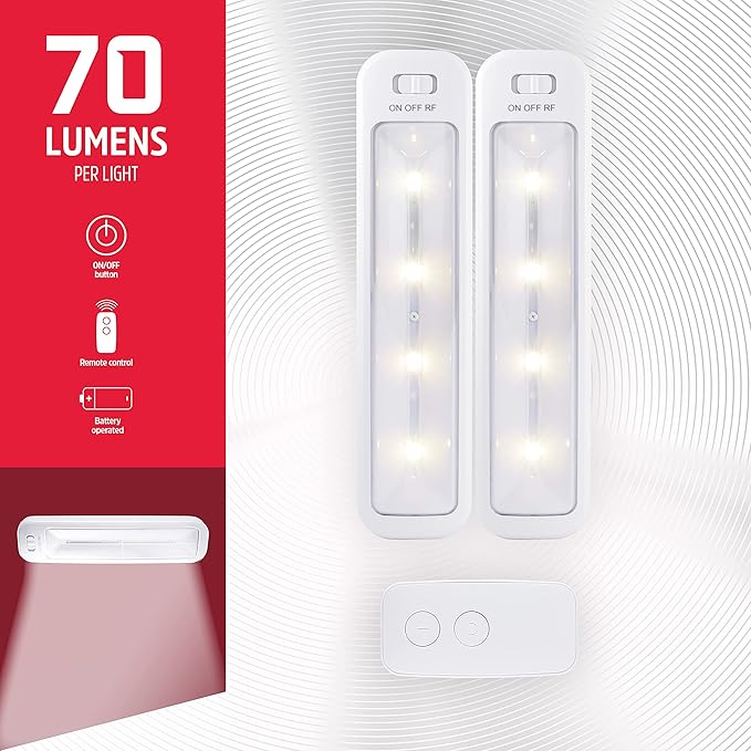 Energizer Wireless 10in. LED Bars, 2 Pack, Remote Controlled, 70 Lumens Each, Soft White, Battery Operated, No Wiring, Easy to Install, Add Light Where You Need It Most, 44576