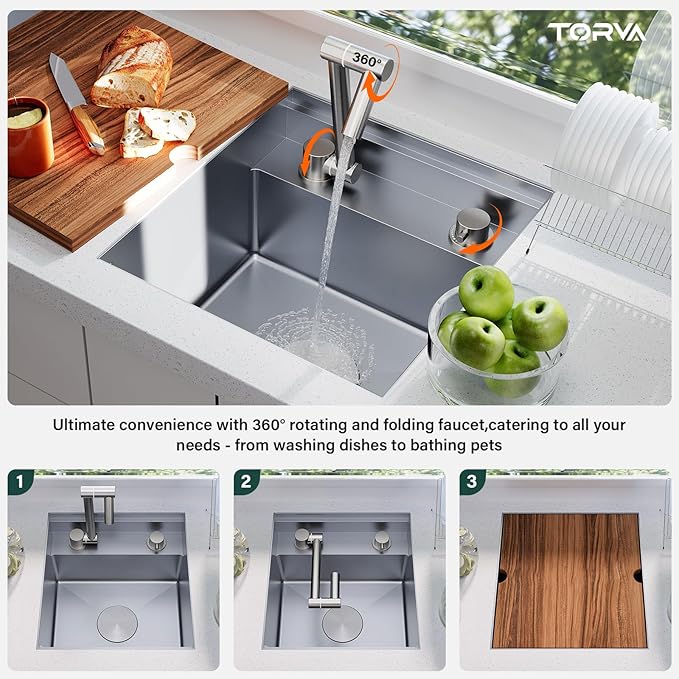 TORVA RV Kitchen Sink, 16 x 17 x 9 Inch Undermount Bar Sink 16 Gauge Stainless Steel Single Bowl Sink with Foldable Faucet Cutting Board, Grey