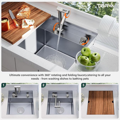 TORVA RV Kitchen Sink, 16 x 17 x 9 Inch Undermount Bar Sink 16 Gauge Stainless Steel Single Bowl Sink with Foldable Faucet Cutting Board, Grey