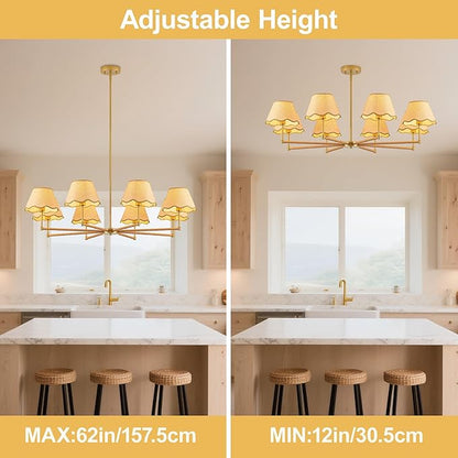 MAYNA 42” Large Rattan Chandelier, 8-Light Rustic Farmhouse Pendant Light with Wicker Lamp Shades, Modern Dining Room Chandelier, Adjustable Brass Chandelier for Kitchen Island, Dining Room