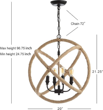 JONATHAN Y 20" Black/Brown 4-Light Iron and Rope Globe Pendant Light, Adjustable Height Coastal Farmhouse Chandelier for Kitchen Island Dining Room, LED Bulbs Included JYL9041A
