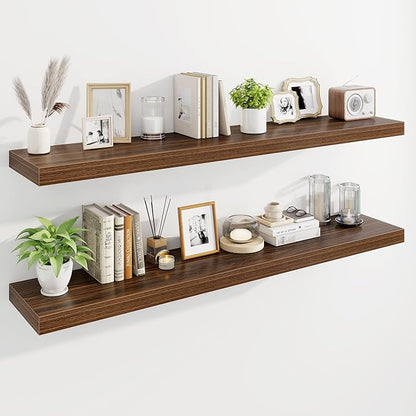 Marsmiles 55" Floating Shelves for Wall, Wooden Shelves with Invisible Brackets Set of 2, Rustic Farmhouse Wall Mounted Shelf for Kitchen Bathroom Living Room Study, Walnut