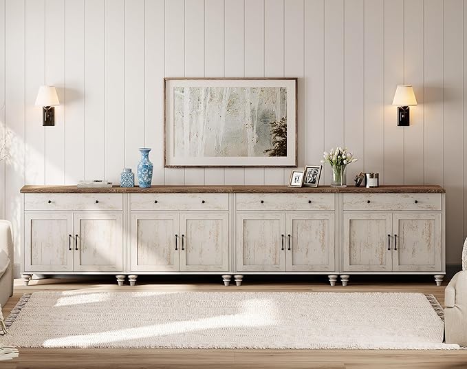 WAMPAT Large Buffet Cabinet with 8 Doors and 4 Drawers, Mid-Century Modern Coffee Bar Table Wood Kitchen Storage Cabinets, Farmhouse Sideboard Credenza for Dining Room, Rustic White, 134 inch