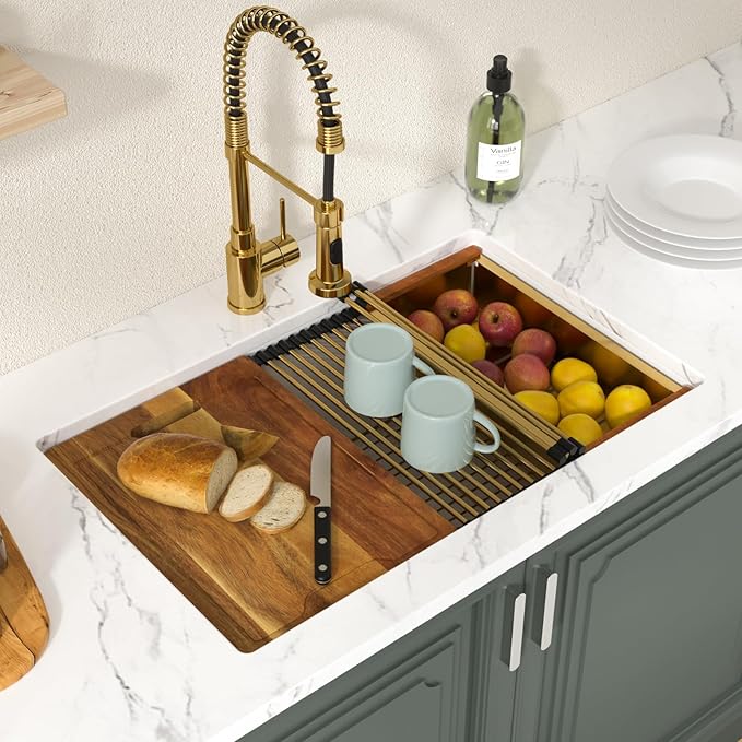 Lordear 30 Inch White Kitchen Sink Granite Composite Undermount Kitchen Sink Workstation 30x19 White Quartz Sinks Under Counter Single Bowl with Classic Gold Accessories