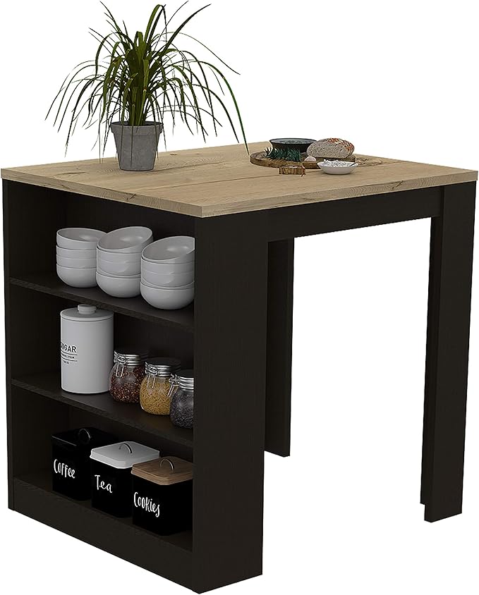 Kitchen Island Table, Two Legs, Three Side Shelves, Black/Pine