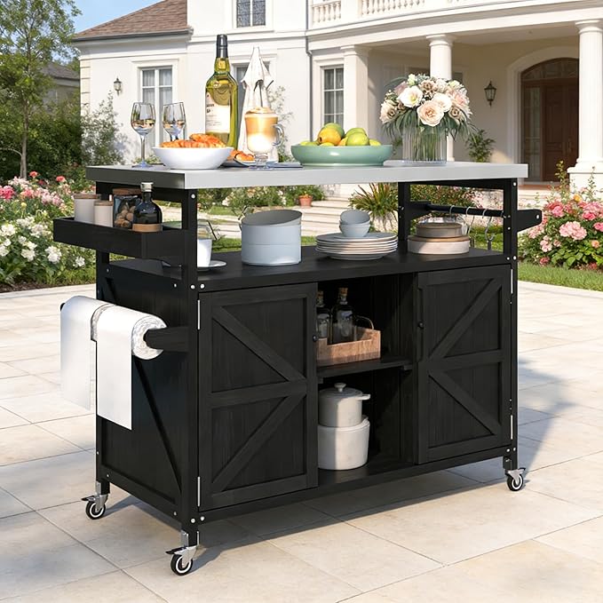Bellemave Outdoor Kitchen Island with Stainless Steel Top, Rolling Bar Cart & Storage Cabinet, Outdoor Grill Cart with Spice & Towel Rack, Rolling Island Table for Kitchen & BBQ, Black