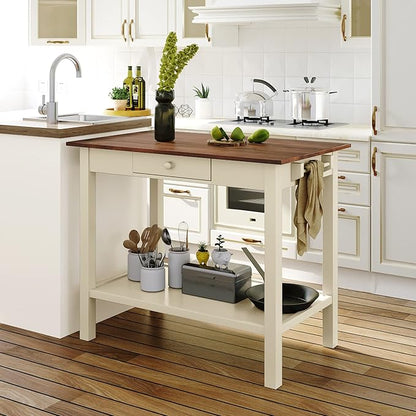 Dining Table Set, 3-Piece 42" Rubber Wood Kitchen Island Set, Dining Table with Drawer/Towel Rack/2 Stools, Suitable for Small Place (Walnut+Cream+3-Piece)