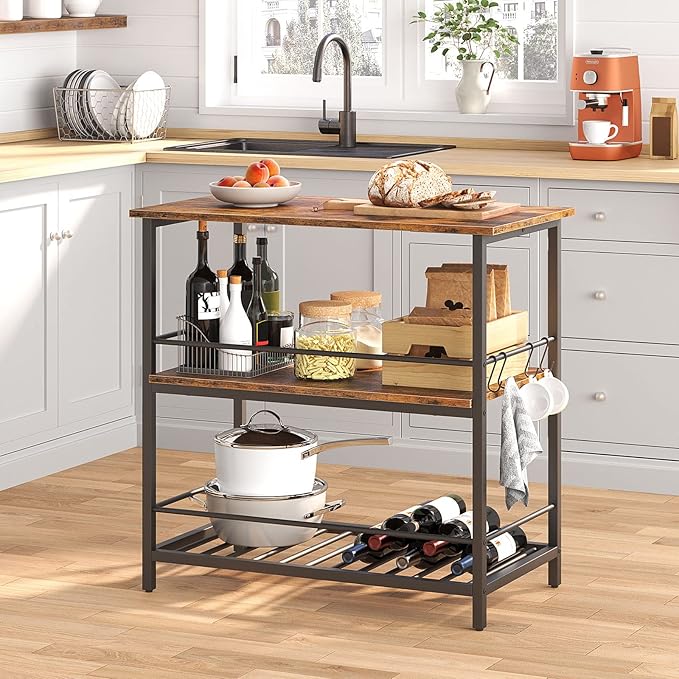 HOOBRO Bar Table Set and Kitchen Island, 47.2” Bar Table and 2 Bar Stools, Kitchen Counter with Hooks and Protective Rails for Kitchen, Living Room, Dining Room, Rustic Brown BF52BT01-BF02ZD01