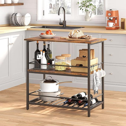 HOOBRO Bar Table Set and Kitchen Island, 47.2” Bar Table and 2 Bar Stools, Kitchen Counter with Hooks and Protective Rails for Kitchen, Living Room, Dining Room, Rustic Brown BF52BT01-BF02ZD01
