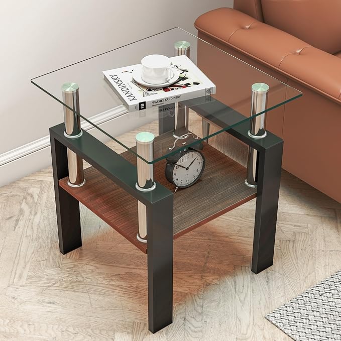 Set of 2 Glass End Table, 2-Layer Glass Living Room Table, Modern Tea Table Side Tables for Home Office Furniture