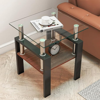 Set of 2 Glass End Table, 2-Layer Glass Living Room Table, Modern Tea Table Side Tables for Home Office Furniture
