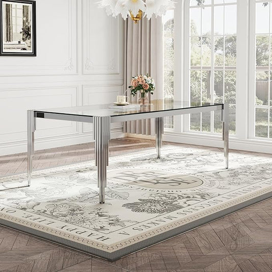Rectangle Glass Dining Table, 81" Clear Tempered Glass Desktop with Silver Mirrored Stainless Steel Legs, Modern Elegance for 8-10 People, for Kitchen, Living Room, Office