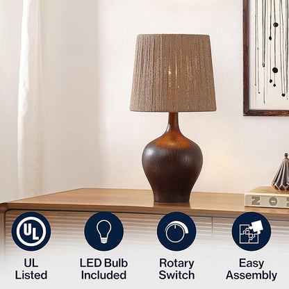 JONATHAN Y 23" Dark Brown Wood Finish Rustic Farmhouse Resin Gourd LED Table Lamp for Bedroom, Living Room, Nightstand, with Brown Paper Rope Shade, LED Bulb Included (JYL9200B)
