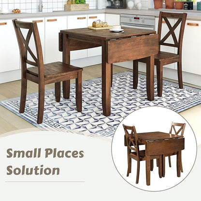 Merax Foldable Kitchen Dining Set for Small Space with Chairs of 2, Wood Dining Room Table Set with Extendable Table with Drop Leaf and High Back Chairs, Walnut
