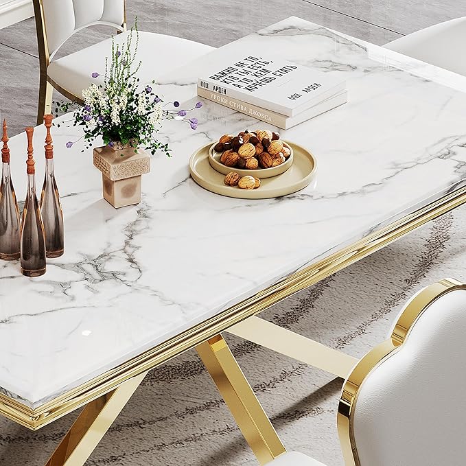 Modern Dining Table for 6-8, 68 Inch White Marble Kitchen Table with Gold Mirrored Stainless Steel X-Base, Luxurious Rectangular Faux Marble Dining Room Table for Dining Room,Living Room(No Chairs)