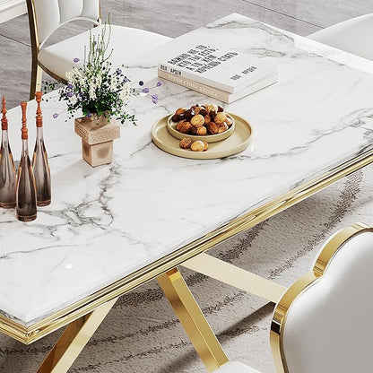 Modern Dining Table for 6-8, 68 Inch White Marble Kitchen Table with Gold Mirrored Stainless Steel X-Base, Luxurious Rectangular Faux Marble Dining Room Table for Dining Room,Living Room(No Chairs)