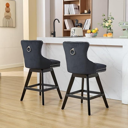DONICK Velvet Swivel Counter Height Bar Stools,Modern Upholstered Bar Chairs Nailhead Backrest Pull Ring Solid Wood for Bar,Kitchen Island,Pub,Dining Room,Cafe(Black,Set of 2)